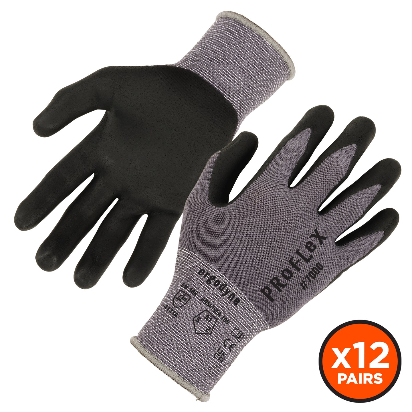 Ergodyne ProFlex 7000 Nitrile Coated Gloves - ANSI/ISEA 105-2016, EN 388: 4121A, Microfoam Palm, 15g