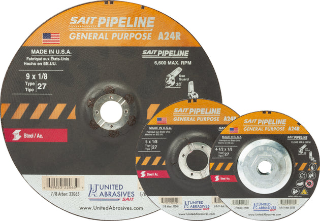 United Abrasives A24R General Purpose Pipeline Wheel General Purpose  (Type 27/Depressed Center) 4 1/2" x 1/8" x 7/8", 25-Pack