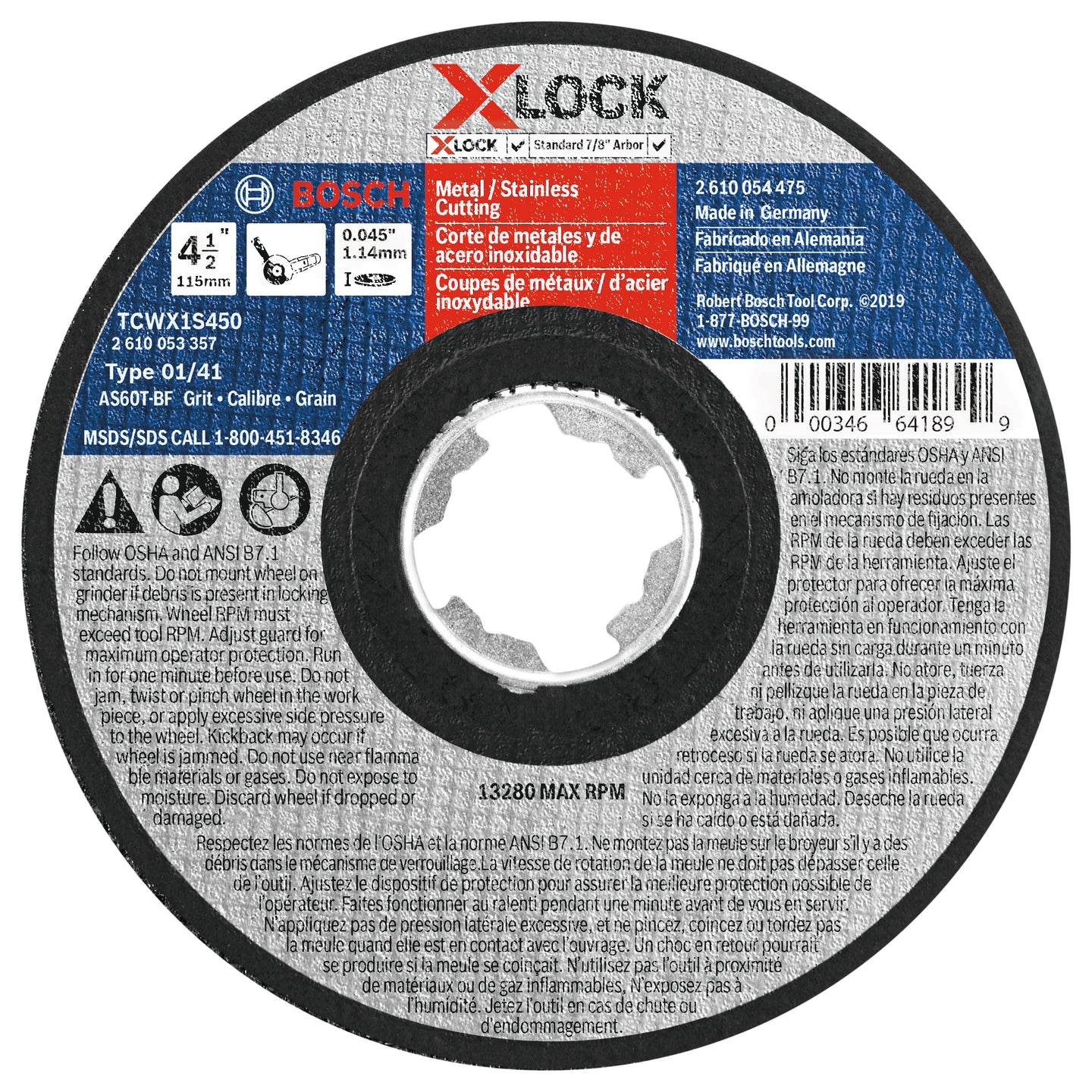 4-1/2 In. x .045 In. X-LOCK Arbor Type 1A (ISO 41) 60 Grit Fast Metal/Stainless Cutting Abrasive Wheel