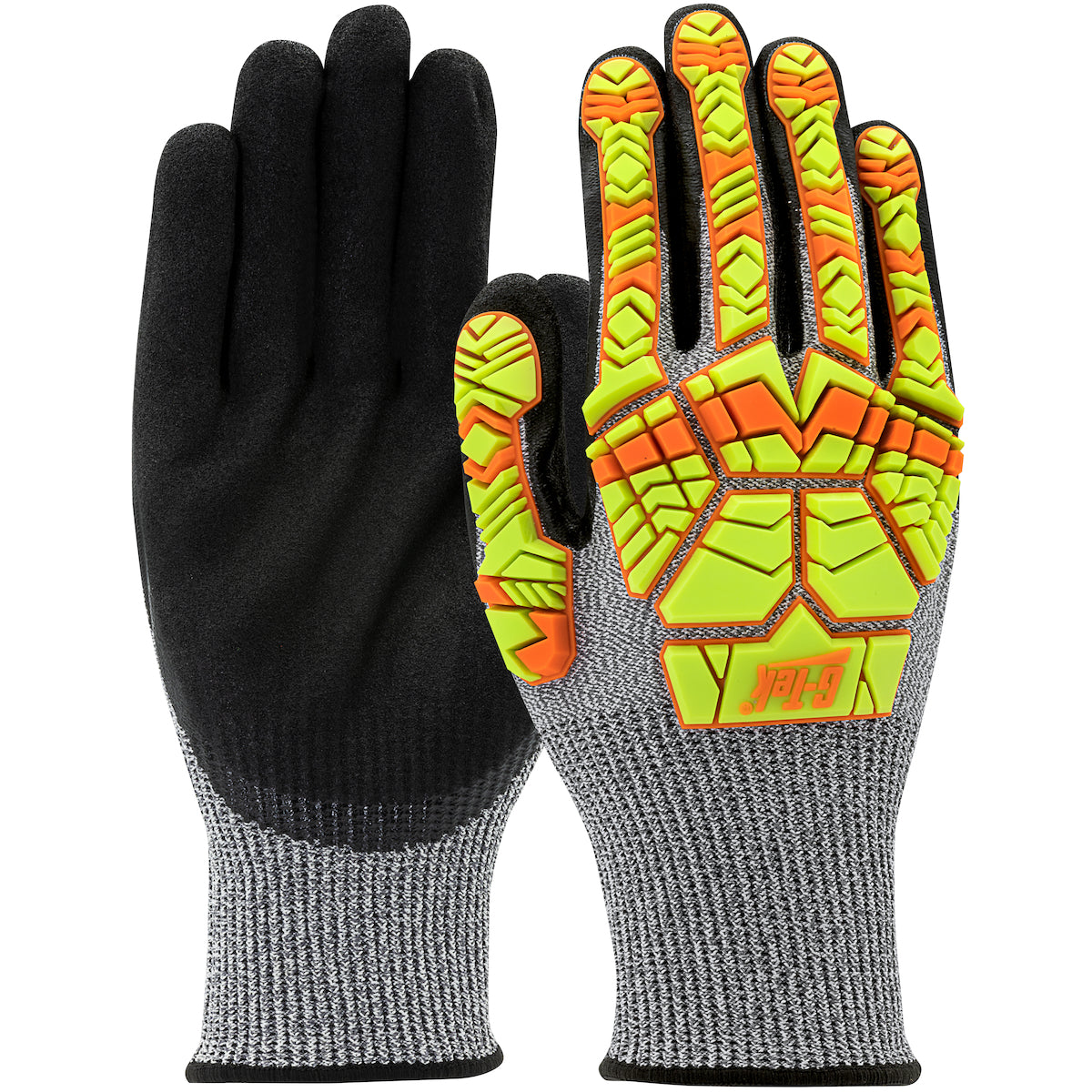 G-Tek® PolyKor® Seamless Knit PolyKor® Blended Glove with Hi-Vis Impact Protection and Nitrile Double-Dip MicroSurface Grip on Palm & Fingers