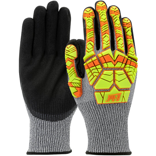 G-Tek® PolyKor® Seamless Knit PolyKor® Blended Glove with Hi-Vis Impact Protection and Nitrile Double-Dip MicroSurface Grip on Palm & Fingers