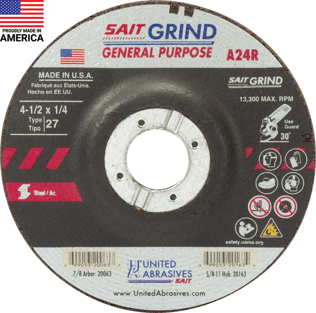 United Abrasives A24R General Purpose/Long Life Grinding Wheel (Type 27/Depressed Center)  4 1/2" x  1/4" x 7/8", 25-Pack
