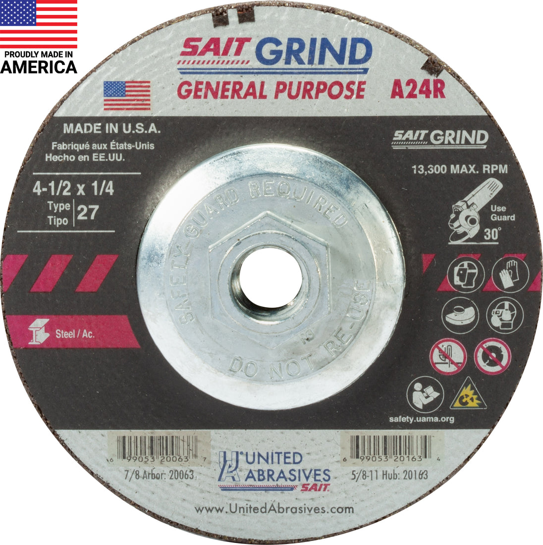 United Abrasives SAIT 4.5" x 1/4" x 5/8"-11 A24R T27 Grinding Wheel