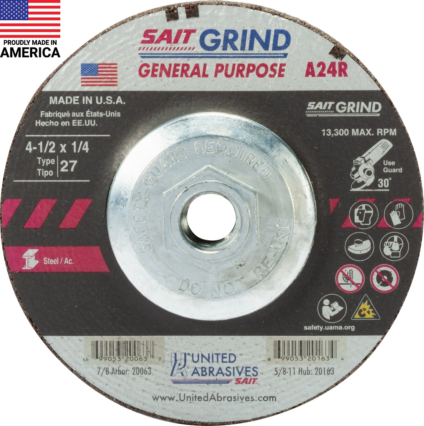 United Abrasives SAIT 4.5" x 1/4" x 5/8"-11 A24R T27 Grinding Wheel