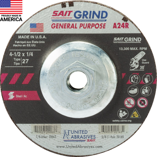 United Abrasives SAIT 4.5" x 1/4" x 5/8"-11 A24R T27 Grinding Wheel