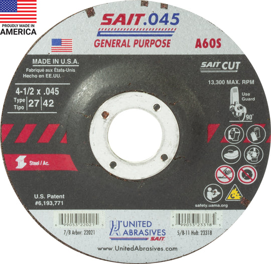 United Abrasives 4-1/2" x 0.045" x 7/8" A60S General Purpose Cutting Wheel