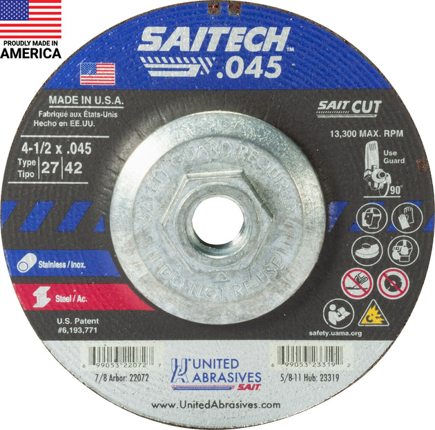 United Abrasives Saitech™ High Performance Cut-Off Wheels (Type 27/Type 42 Depressed Center) 4-1/2" x .045" x 5/8"-11, 10-Pack