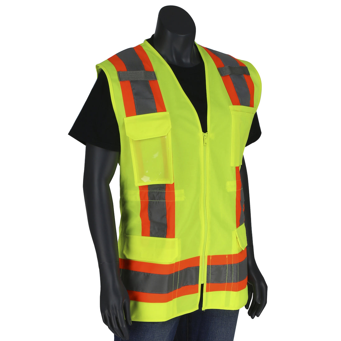 PIP® ANSI Type R Class 2 Women's Contoured Two-Tone Eleven Pocket Surveyors Vest with Solid Front and Mesh Back