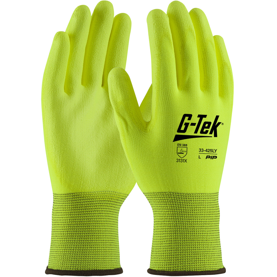 G-Tek® Hi-Vis Seamless Knit Polyester Glove with Hi-Vis Polyurethane Coated Flat Grip on Palm & Fingers