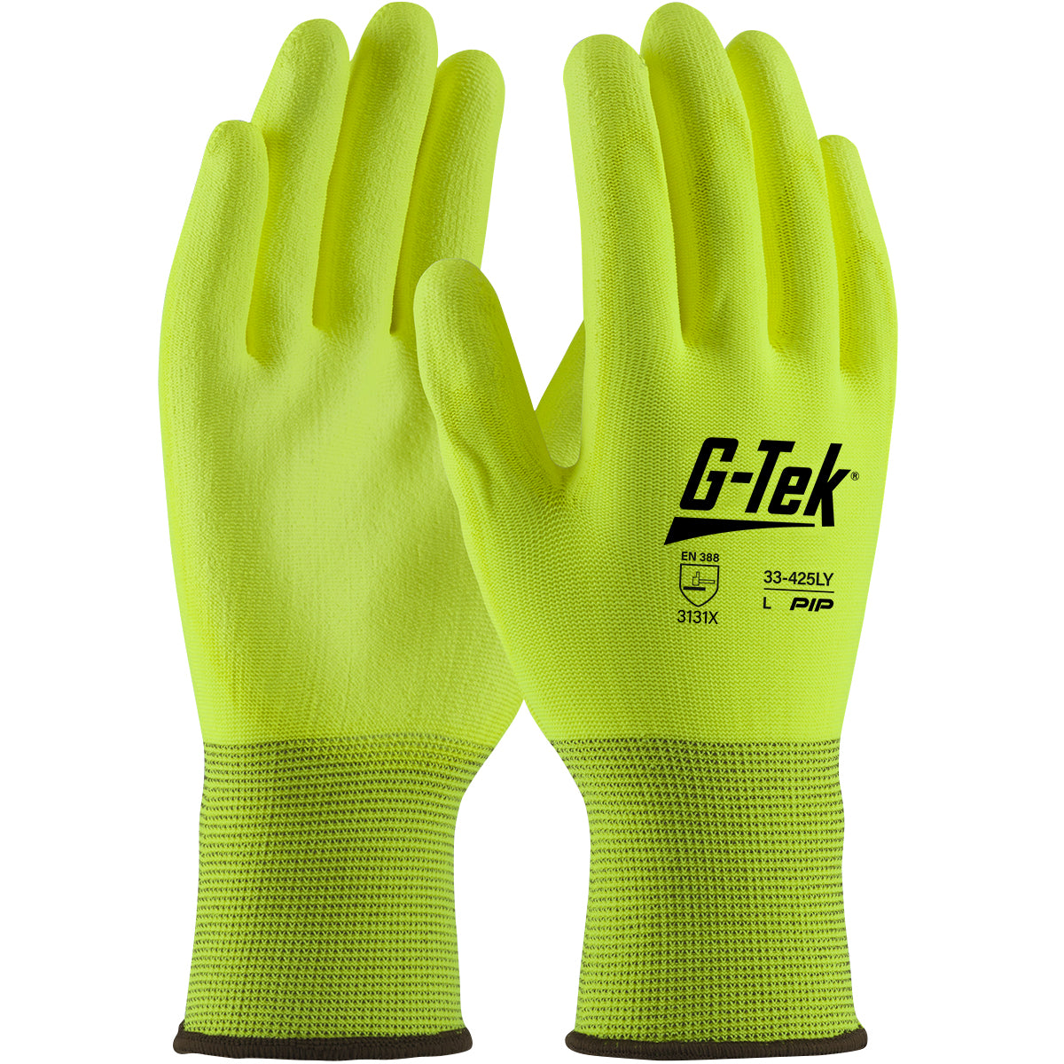G-Tek® Hi-Vis Seamless Knit Polyester Glove with Hi-Vis Polyurethane Coated Flat Grip on Palm & Fingers