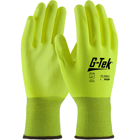 G-Tek® Hi-Vis Seamless Knit Polyester Glove with Hi-Vis Polyurethane Coated Flat Grip on Palm & Fingers
