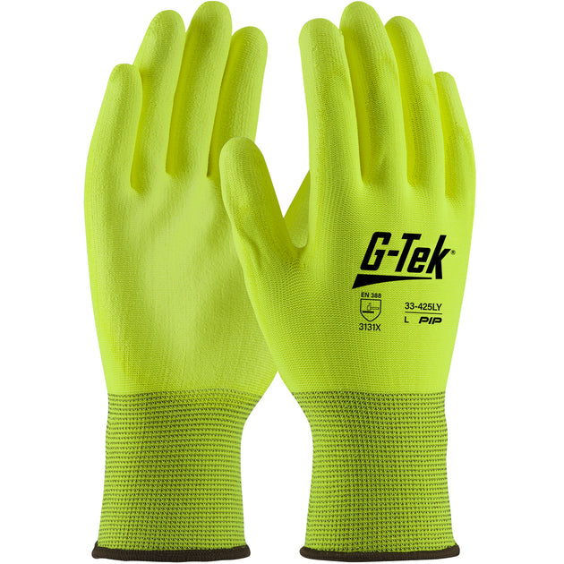 G-Tek® Hi-Vis Seamless Knit Polyester Glove with Hi-Vis Polyurethane Coated Flat Grip on Palm & Fingers