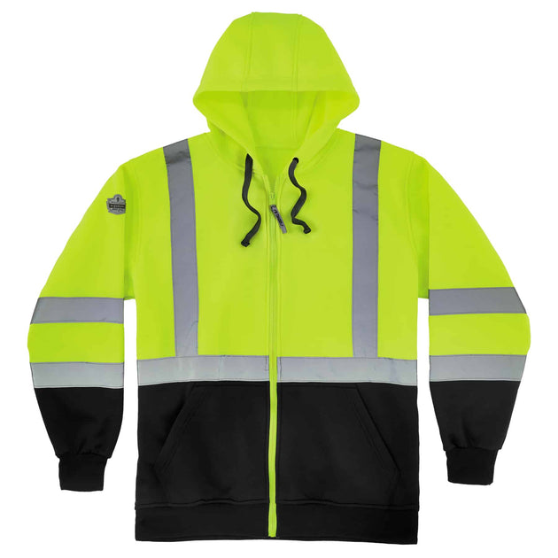 Ergodyne GloWear 8372 Zip-Up Hi-Vis Hooded Sweatshirt - Type R, Class 3, Black Bottom