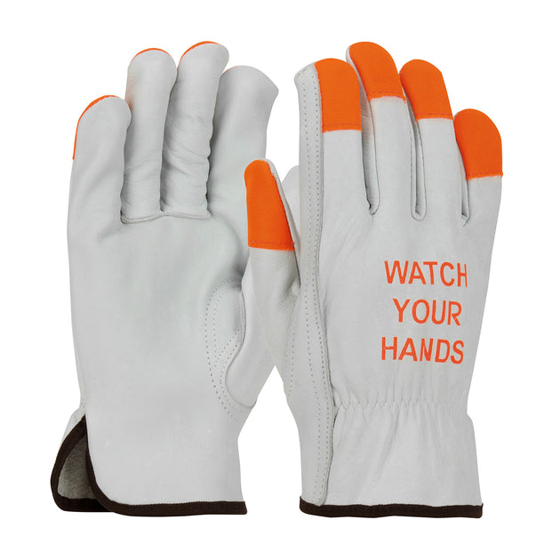 PIP® Economy Grade Top Grain Cowhide Leather Drivers Glove with Hi-Vis Fingertips and "WATCH YOUR HANDS"- Keystone Thumb