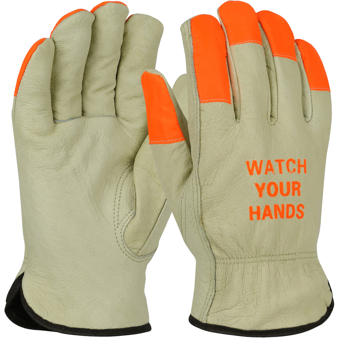 PIP® Top Grain Pigskin Leather Drivers Glove with Black Thermal Lining and Hi-Vis Fingertips & WYH Logo