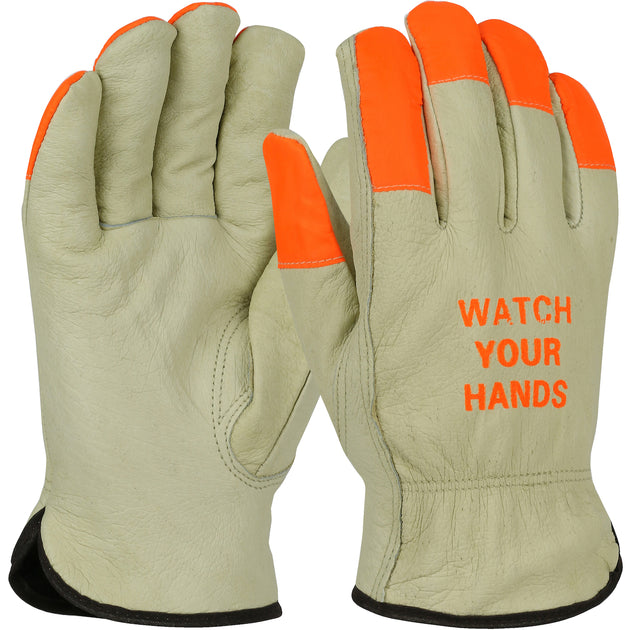PIP® Top Grain Pigskin Leather Drivers Glove with Black Thermal Lining and Hi-Vis Fingertips & WYH Logo
