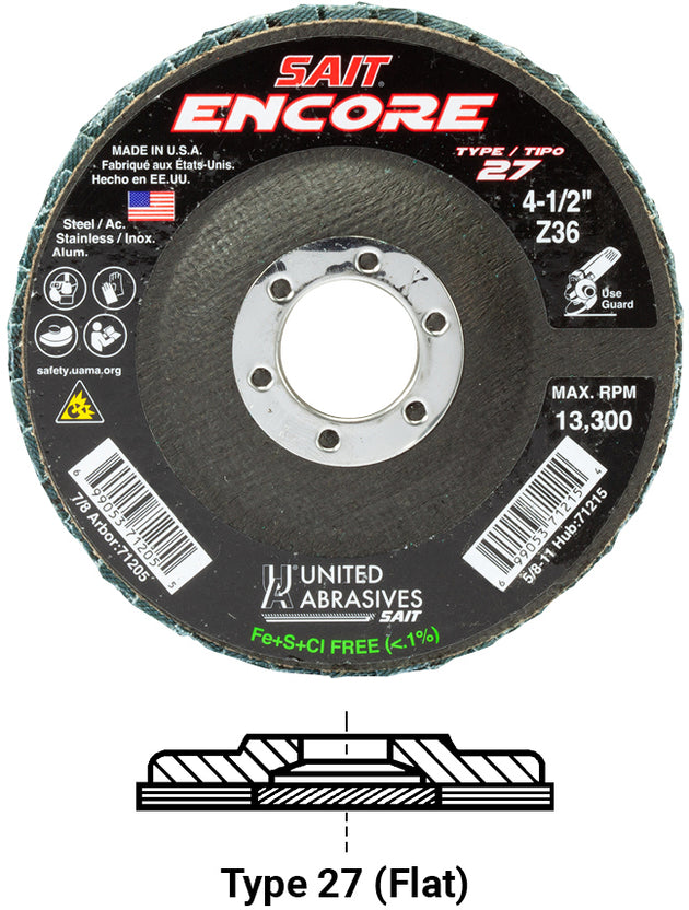 United Abrasives Encore Fiberglass Backed Flap Disc (Type 27) 4-1/2" x 7/8", 80 Grit, 10-Pack