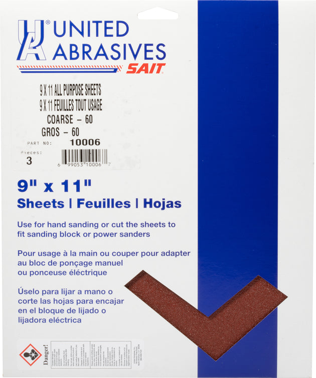 United Abrasives Sait-Pak™ All Purpose Aluminum Oxide Sheets, 9" x 11", Very Fine 220 Grit, 5-Pack