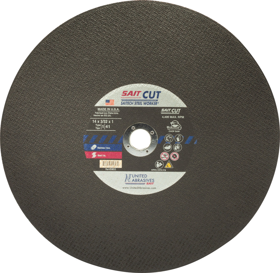 United Abrasives Saitech Steel Worker® Premium Performance Chop Saw Wheels 14" x 3/32" x 1", 1-Pack