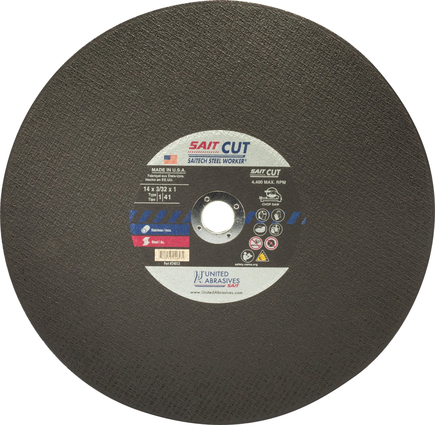 United Abrasives Saitech Steel Worker® Premium Performance Chop Saw Wheels 14" x 3/32" x 1", 1-Pack