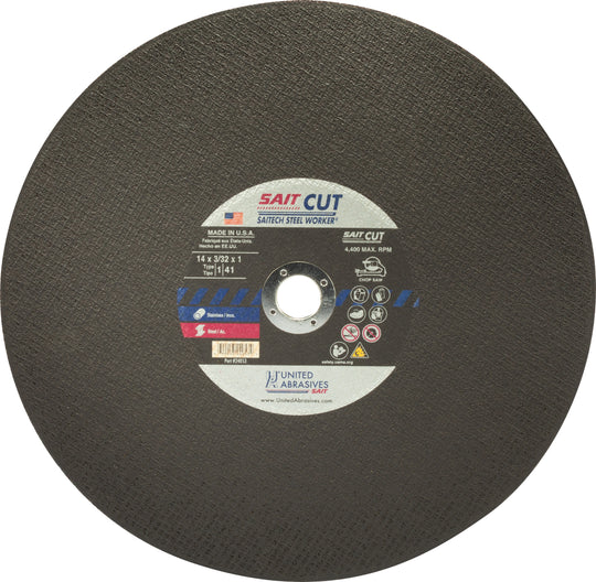 United Abrasives Saitech Steel Worker® Premium Performance Chop Saw Wheels 14" x 3/32" x 1", 1-Pack