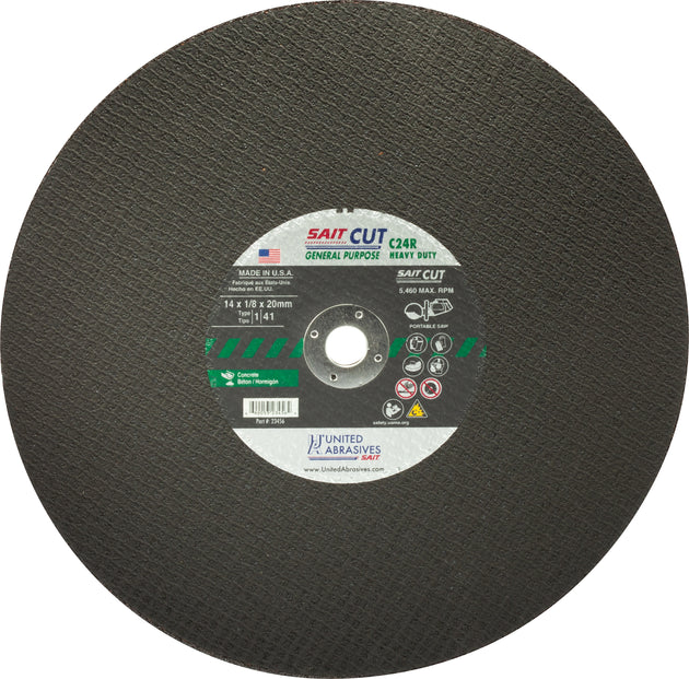 United Abrasives C24R Concrete Large Diameter Portable Saw Cutting Wheels 14" x 1/8" x 20MM, 1-Pack
