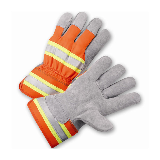 PIP® Superior Grade Split Cowhide Leather Palm Glove with Hi-Vis Fabric Back and Fleece Lining - Rubberized Safety Cuff