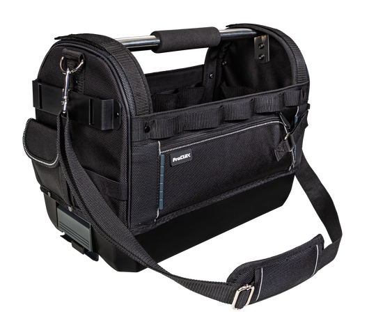 Open tool bag  with soft handle and shoulder strap
